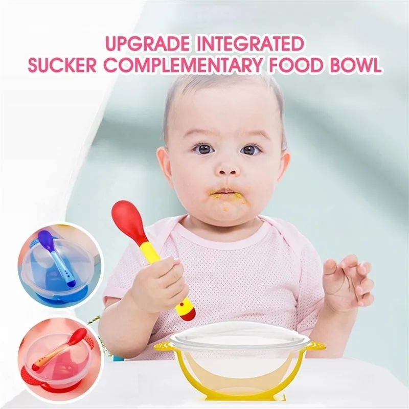 (Pimenova) mangkok bayi sendok tutup makan bayidengan sensor panas ,&amp;anti slip alat makan bayi