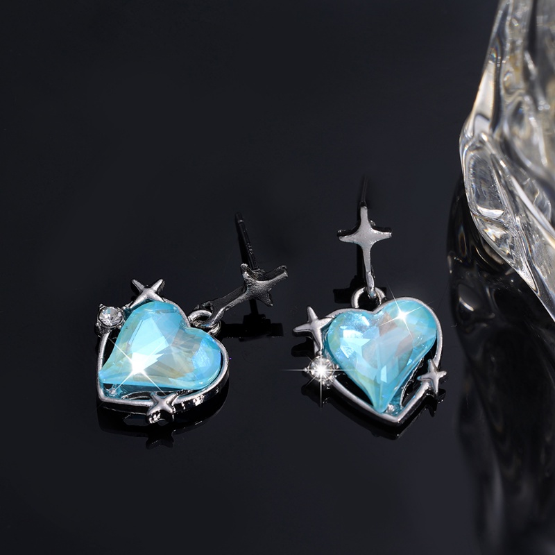 Gadis korea desain Niche jahitan bintang anting biru bentuk hati / kepribadian manis gaya keren tingkat tinggi rasa anting liontin / perhiasan telinga Fashion