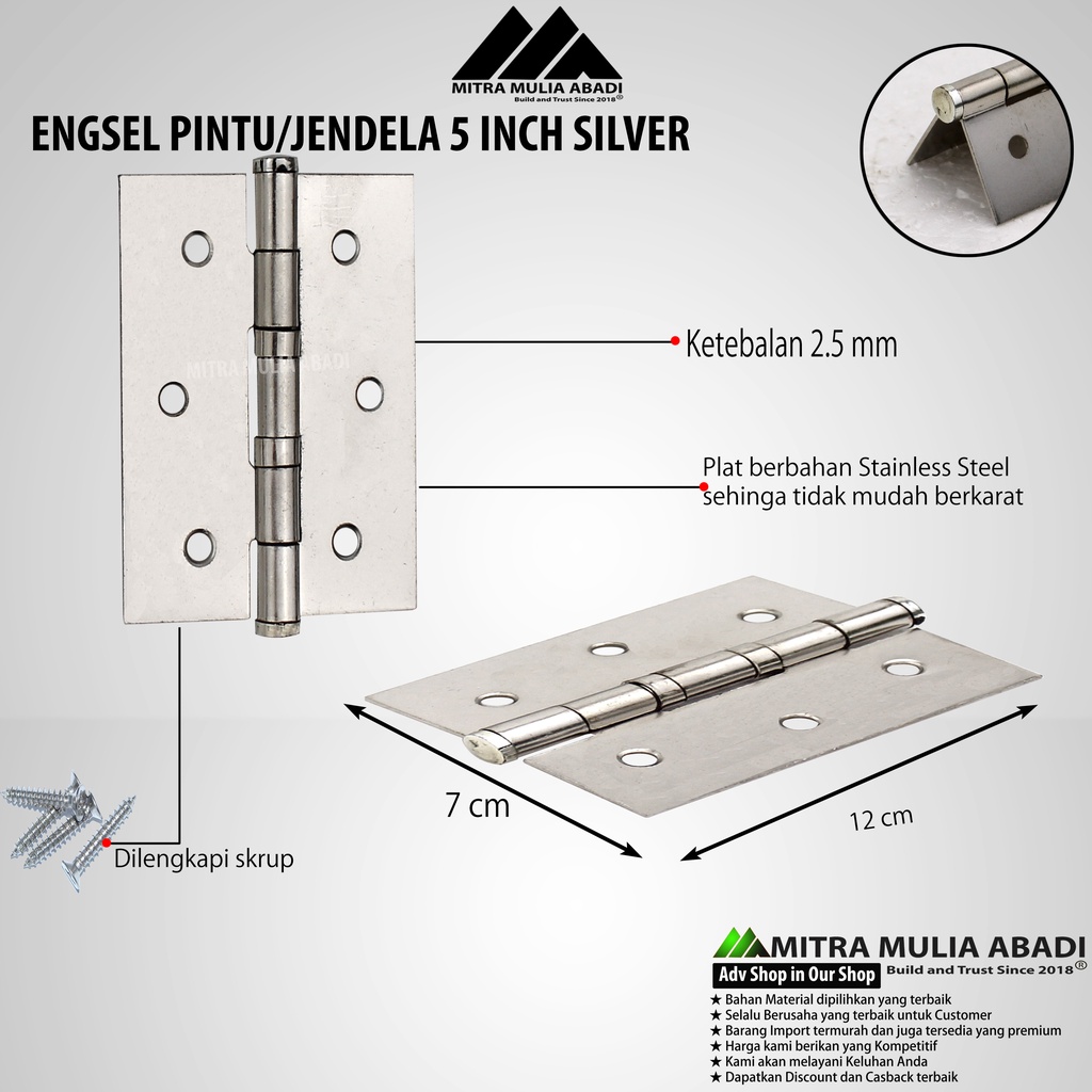 Engsel Pintu Silver l Jendela Super TEBAL 5 inch l Stainless Steel