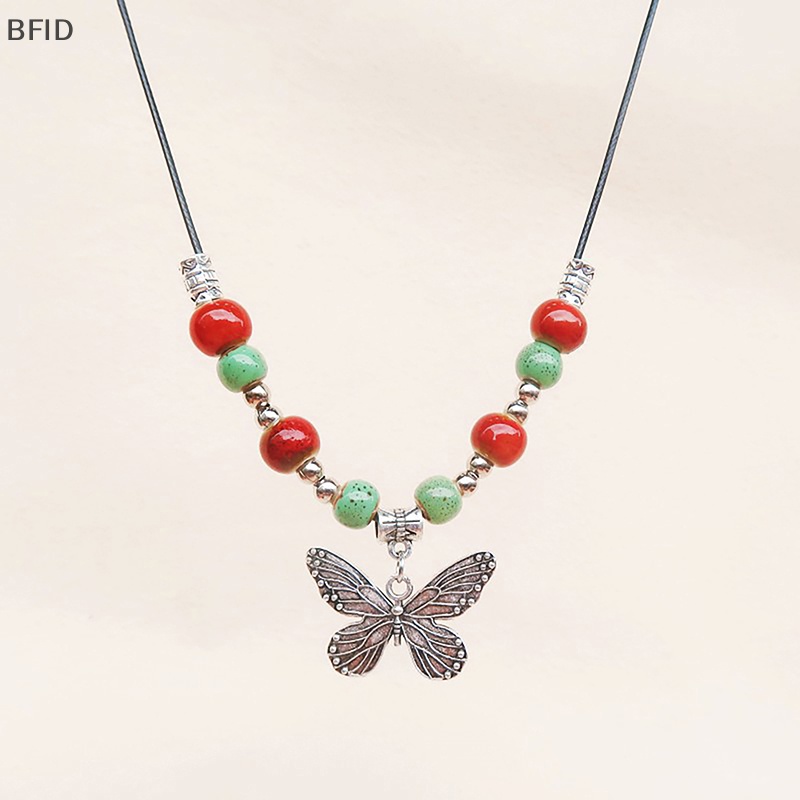 [BFID] Bohemian Vintage Butterfly Kalung Manik-Manik Keramik Liontin Dapat Disesuaikan Barang Curah [ID]