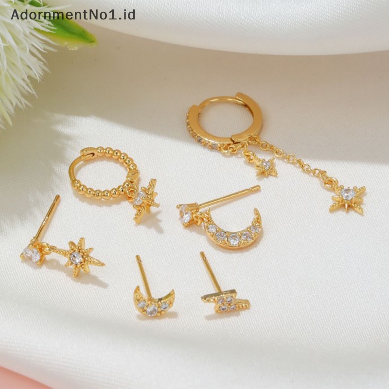 [AdornmentNo1] 6pcs campuran Zircon kristal bulan bintang Set anting Stud untuk wanita perhiasan warna emas