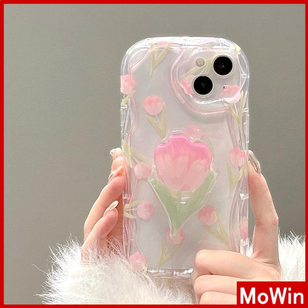 Case iPhone 14 Pro Max iPhone Case 3D Tepi Melengkung Gelombang Jelas Case TPU Airbag Tahan Guncangan Kamera Sederhana Pink Tulip Kompatibel dengan iPhone 13 Pro max 12 Pro Max 11 xr 7Plus 8Plus