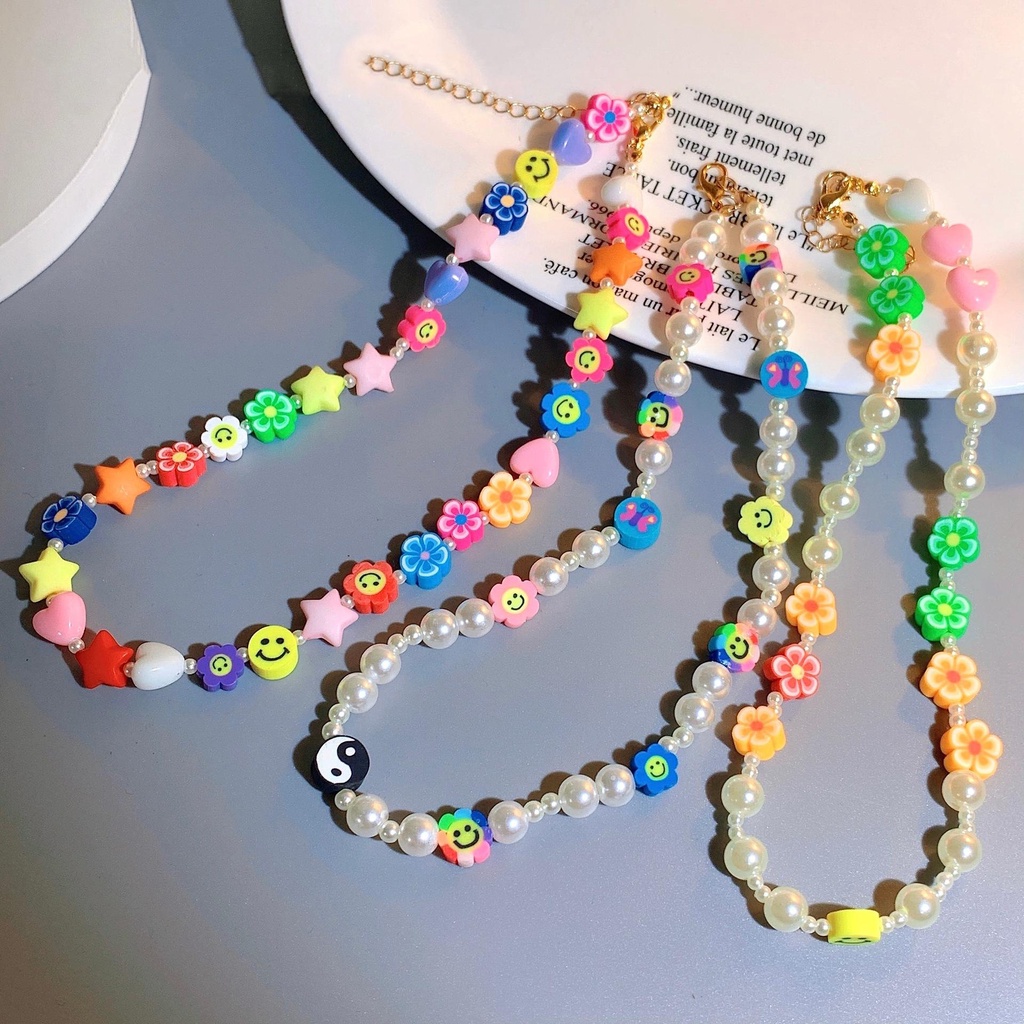 Yeezii Fashion Beads kalung kartun pelangi gelang untuk wanita elegan hati wajah senyum cincin perhiasan aksesoris