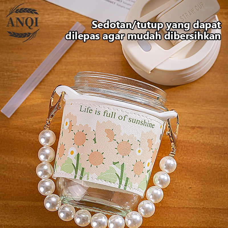 ANQI 1888 Botol Minum Kaca /  Botol Aesthetic Tali Mutiara / Tumbler Korea Botol Travel Tali Dan Sedotan VS-345