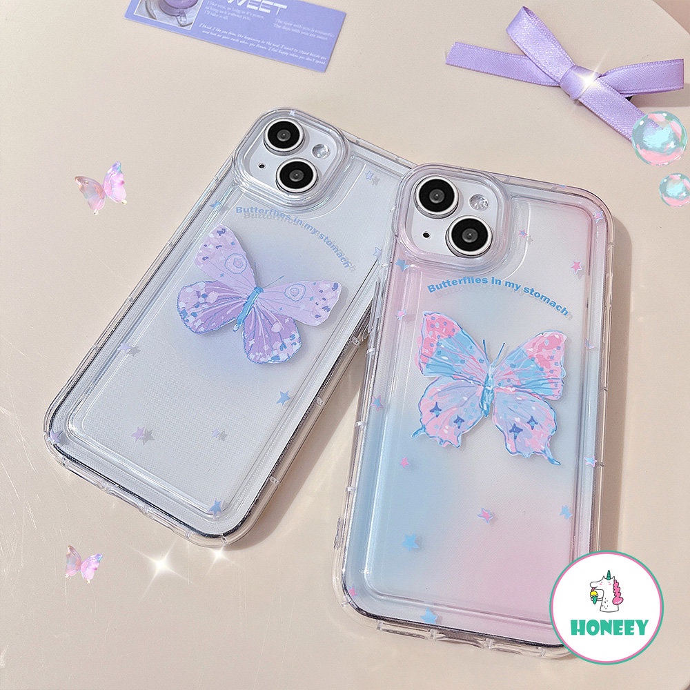 IPHONE Casing Ponsel Kupu-Kupu Gradasi Warna Korea Kompatibel Untuk Iphone14 13 12 11 Pro Max XR XS 7Plus 8Plus Bening Airbag Shockproof Back Cover