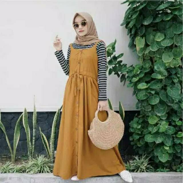 KORA OVERALL MOSCREPE BERKUALITAS DAN PREMIUM / BAJU GAMIS ROK GOMBRONG / GAMIS SYARI WARNA MUSTARD