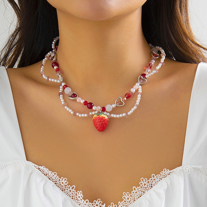 Korea Manis Imitasi Mutiara Rantai Strawberry Liontin Kalung Untuk Wanita Menikah Pengantin Cinta Hati Choker Perhiasan Aesthetic