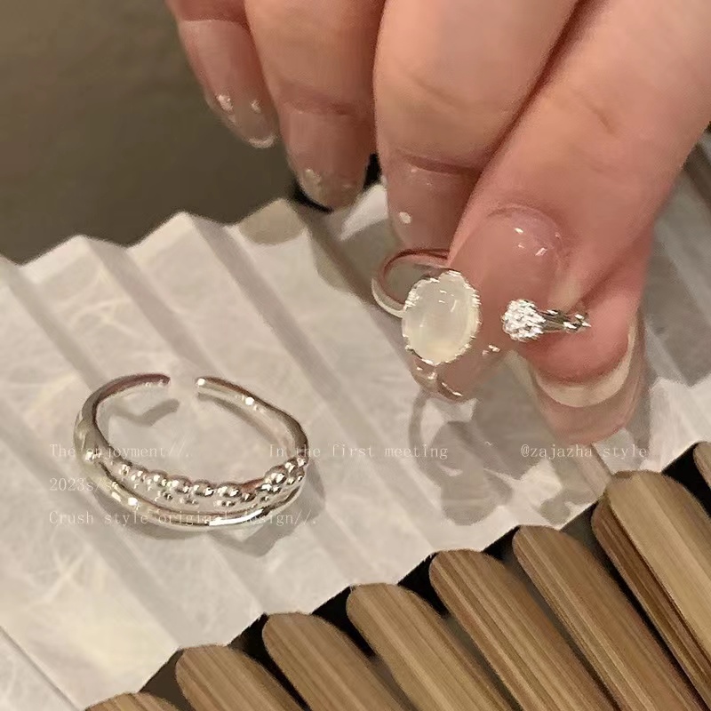 Ifyou 2pcs /Set Cincin Set Moonstone Elegan Perak Cincin Terbuka Untuk Aksesoris Perhiasan Wanita