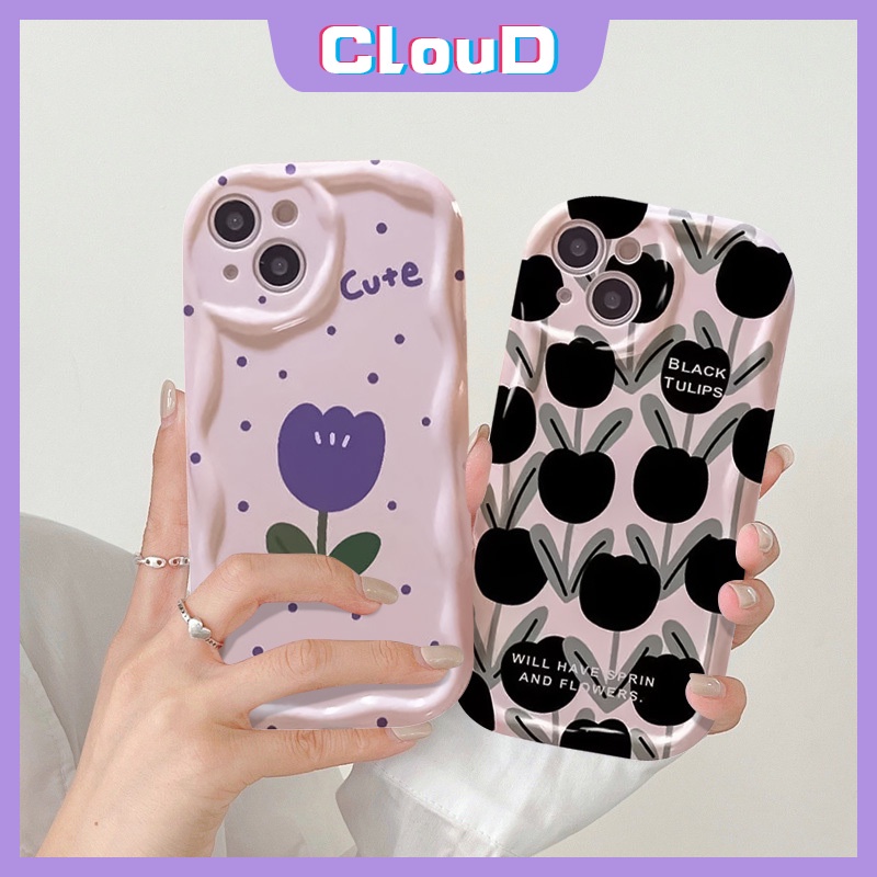 Casing Tahan Guncangan Tepi Melengkung Bergelombang 3D Untuk Infinix Hot11 10 20 30 9 8 12 Play Note12 G96 Smart 7 5 6 6Plus Hot8 9 30i 10Lite Vintage Black Tulip Retro Purple Little Dot Tulip Case