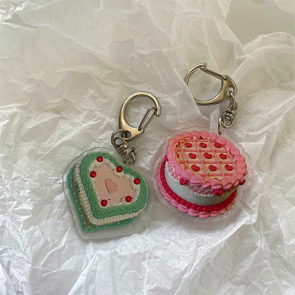 Kreatif Hati Kue Akrilik Gantungan Kunci Vintage Happy Birthday Keyrings Ransel Ritsleting Liontin Hias Aksesoris Hadiah