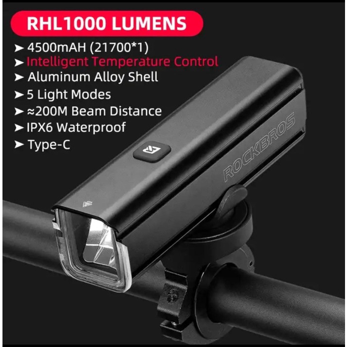 LAMPU DEPAN SENTER ROCKBROS 1000 LM KAPASITAS 4500 MAH