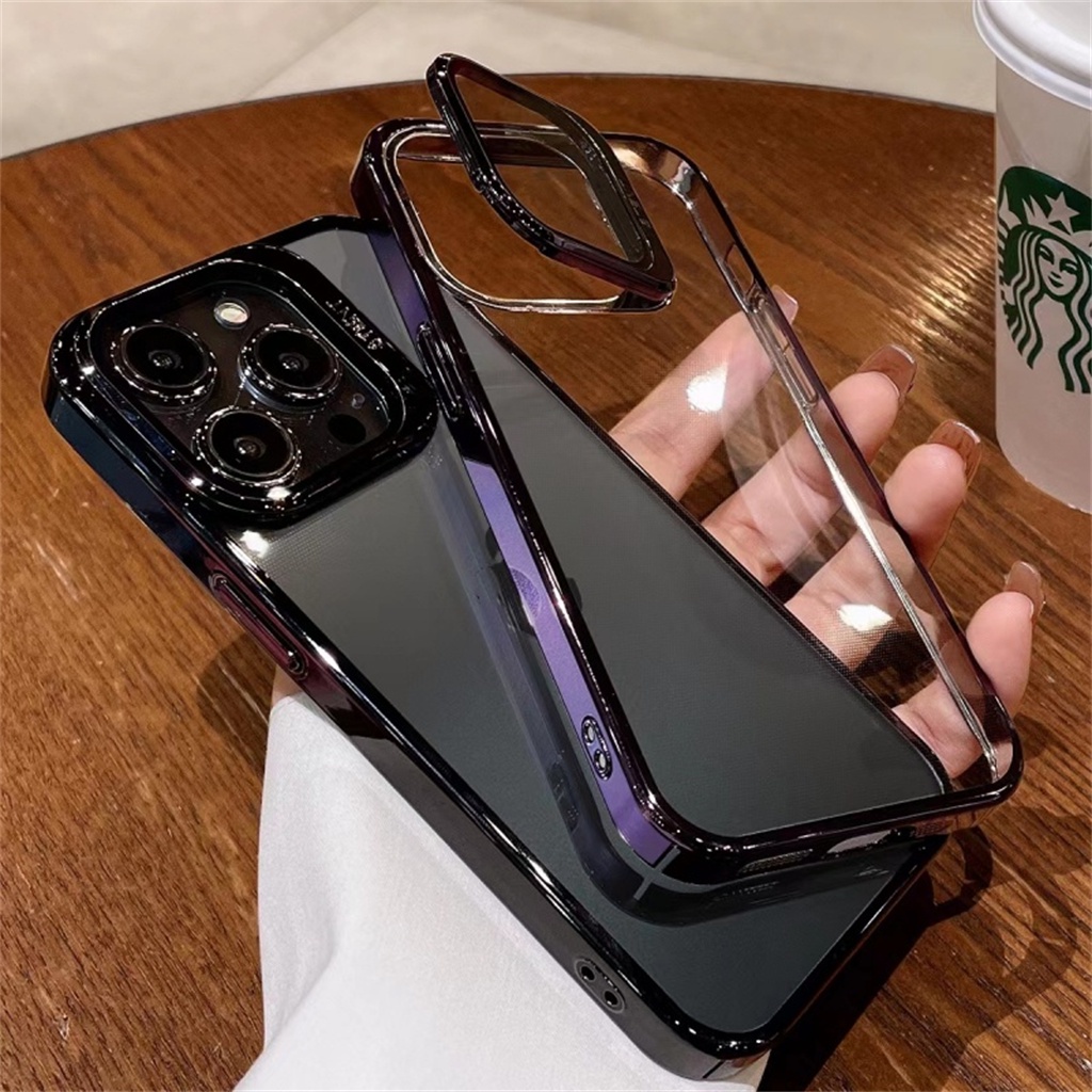 Metal Kamera Perlindungan Lensa Stand Case iPhone 14 Pro Max Case iPhone 13 12 Pro Max 2-in-1 Jernih Kreatif Tertutup Penuh Perlindungan Shockproof Hard Back Cover