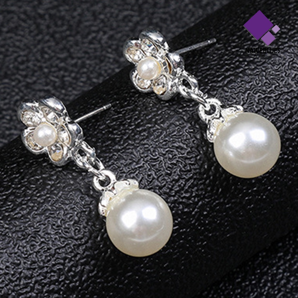 Naiveblue &gt; 1set Wanita Kalung Glossy Mutiara Imitasi Berlian Imitasi Bunga Pengantin Stud Earrings