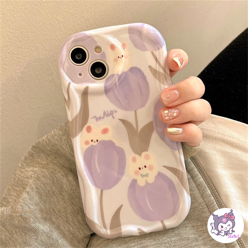 IPHONE Kompatibel Untuk Iphone14 13 12 11 Pro Max SE 2020 X XR Xs Max7 8 6 6s Plus Cute Purple Tulip Rabbit Wave Edge Phone Case Silikon Lembut Perlindungan Anti Jatuh Back Cover