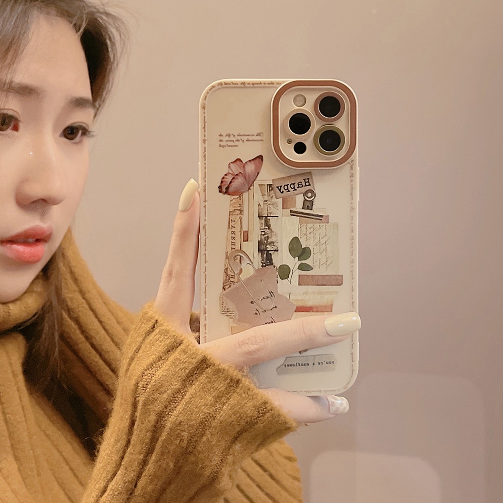 IPHONE [Mata Kucing] Soft Case TPU Anti Slip Untuk Iphone7Plus8 Plus X XS XR XS Max11 13 12 14 PRO Max 14 Plus Ins Fashion Grey Retro Sticker Wanita