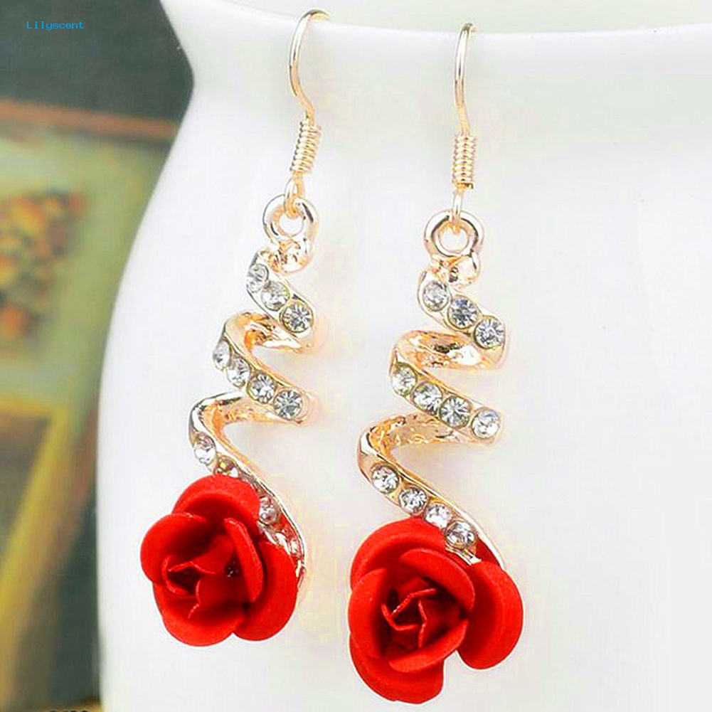 Lilyscent Wanita Fashion Merah Rose Drop Berlian Imitasi Spiral Menjuntai Kait Anting Perhiasan Hadiah