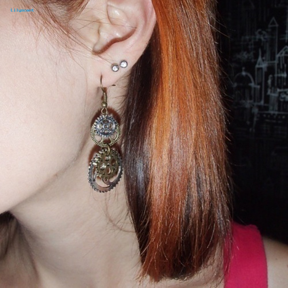 Lilyscent Steampunk Wanita Gear Liontin Kait Anting Tindik Pesta Club Perhiasan Hadiah