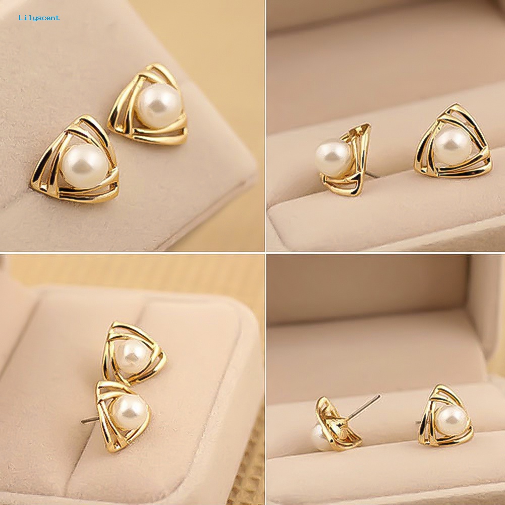 Lilyscent Wanita Mutiara Imitasi Hias Double Segitiga Crossover Ear Stud Earrings Perhiasan Hadiah