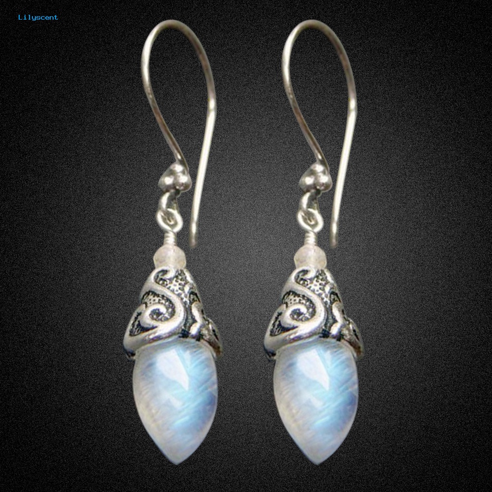 Lilyscent Cone Shape Artificial Moonstone Pendant Hook Earrings Retro Wanita Perhiasan Pesta