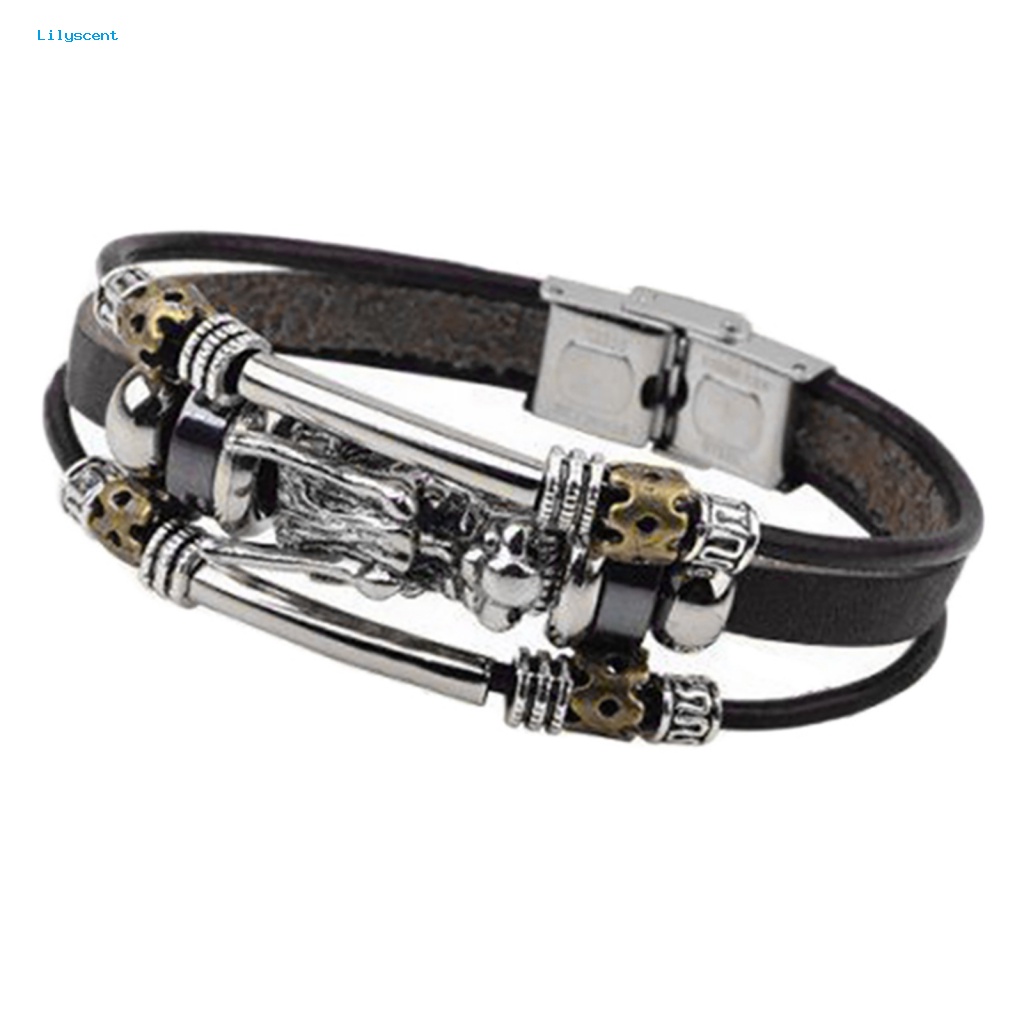 Lilyscent Pria Vintage Punk Gelang Kulit Imitasi Kepala Naga Pesona Multilayer Bangle