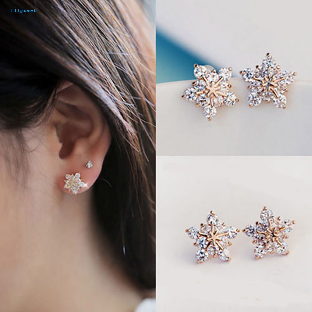 Lilyscent 1pasang Earing Lady Stud Bentuk Snowflake Untuk Hadiah Berlian Imitasi Earing Lovely