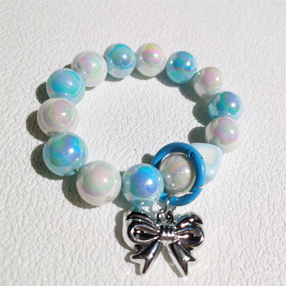 Perak Busur Biru Gantungan Kunci Rantai Ponsel Anti Hilang Lembut Tembikar Tali Tali Lanyard Manik Akrilik Warna-Warni Kasus Ponsel K37