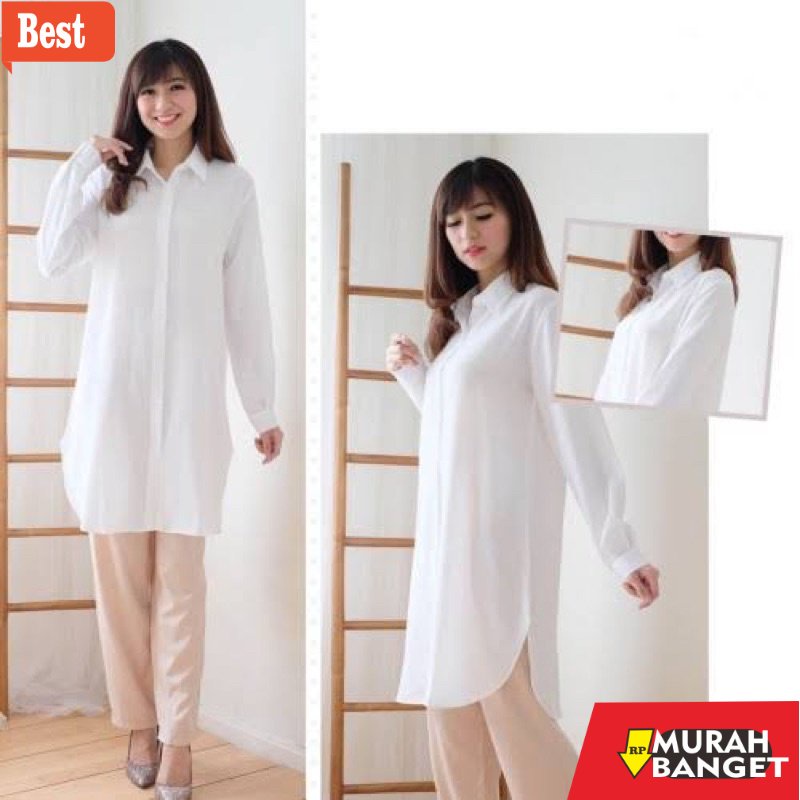 Tunik jumbo terbaru untuk wanita- Baju Long Dress Kemeja Tunik Wanita Hitam Putih Polos Jumbo