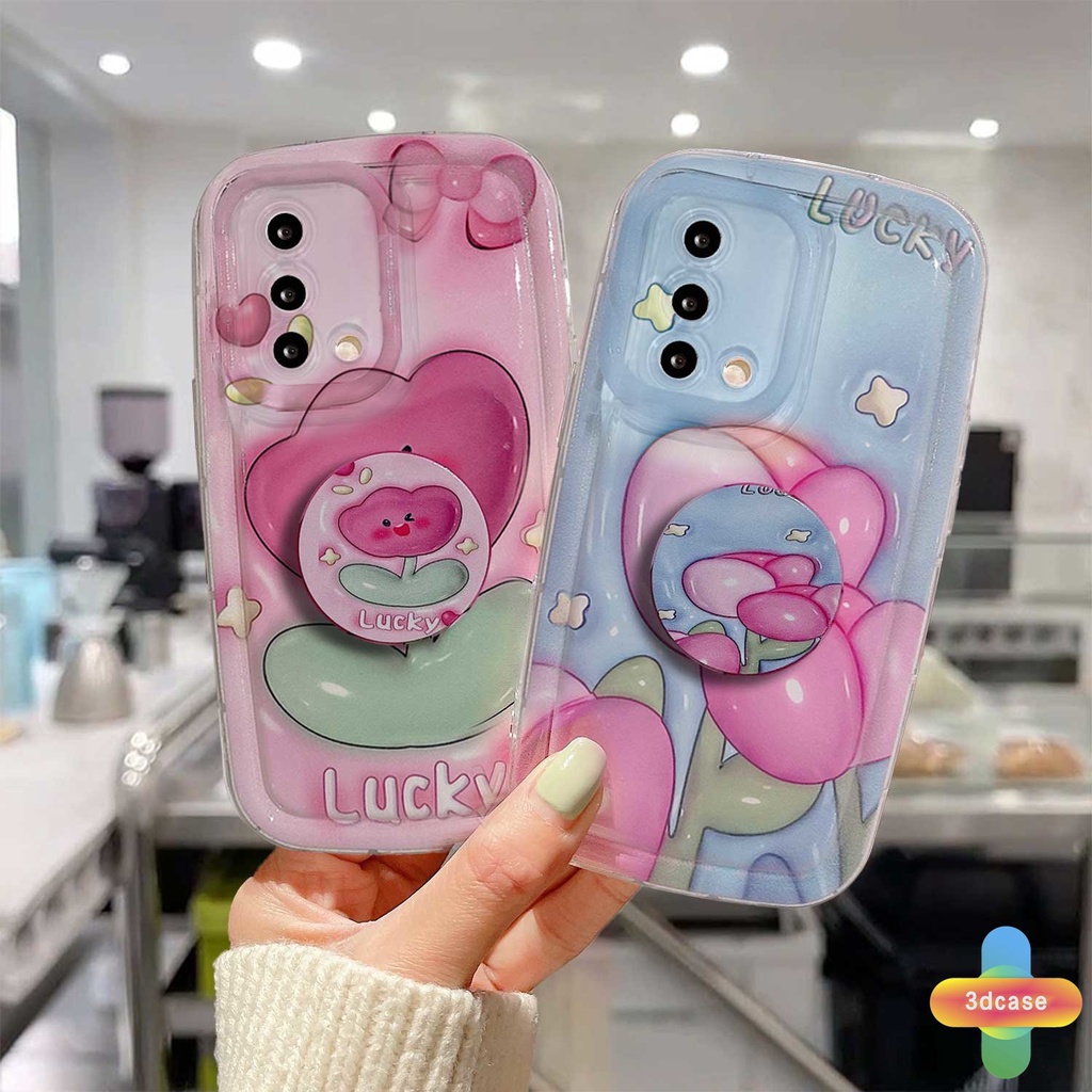 Casing OPPO A17 A17K A16 A95 A57 A16S A77 A57S A57E A55 A7 A15 A54 A5S A3S A76 A96 A5 A9 A31 A53 A33 2020 A77S A12 A12S A1K A16E A16K A54S Reno 7 7Z 8Z 5 4 6 8 5F 5K 4F 4 5 06 Lite A74 A15S A52 Ins Pink Tulip Camera Lens Protection Soap Case With Stand