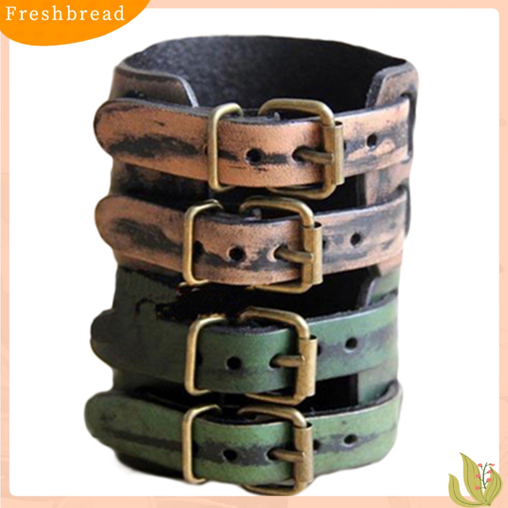 &lt; Freshbread &gt; Gelang Pria 2lapis Lebar Band Perhiasan Adjustable Bangle Kulit Imitasi Untuk Kehidupan Sehari-Hari