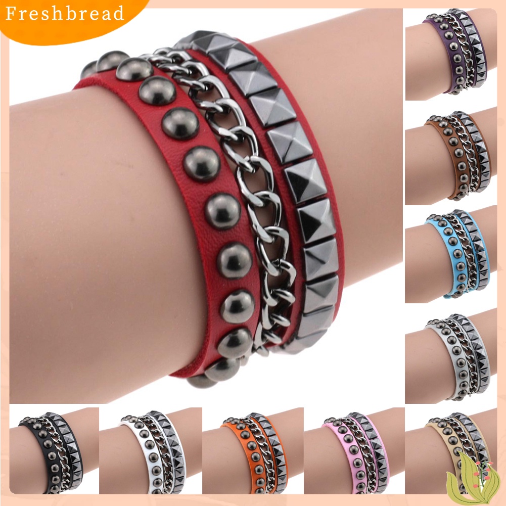 &lt; Freshbread &gt; Berlapis Wanita Punk Rock Rivet Gelang Bertabur Kulit Imitasi Rantai Logam Bangle