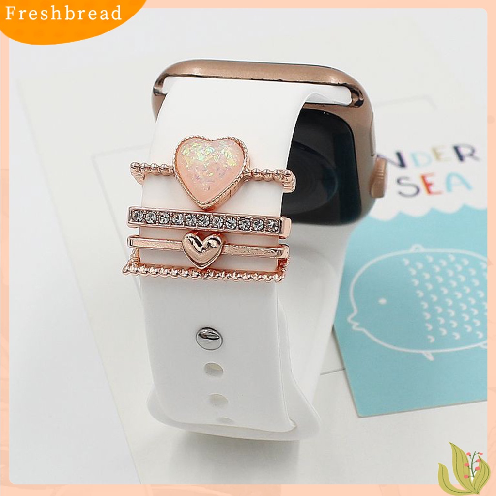 &lt; Freshbread &gt; 4Pcs Watch Band Dekorasi Rings Pesona Logam Berlian Imitasi Mengkilap Hias Berkilau Geometris Hadiah Valentine Bentuk Hati Silikon Watch Strap Bracelets