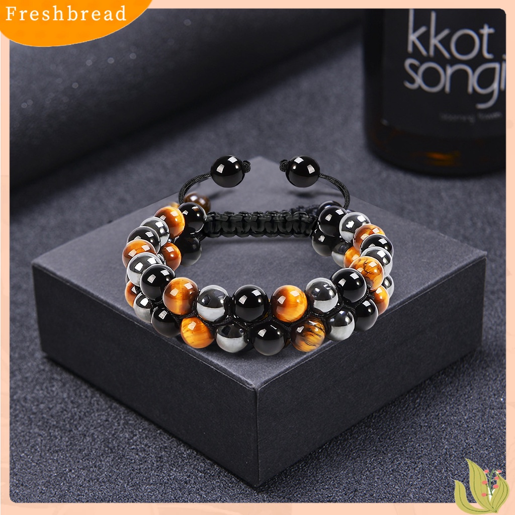 &lt; Freshbread &gt; Gelang Pria Dikepang Tali ic Double Layer Adjustable Serut Kepribadian Hias Tiger Eye Faux Rock Stone Pria Gelang Perhiasan Aksesori