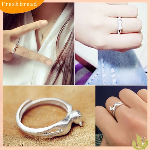 &lt; Freshbread &gt; Fashion Wanita Kucing Lucu Perak Berlapis Cincin Jari Terbuka Yang Dapat Disesuaikan Hadiah Xmas