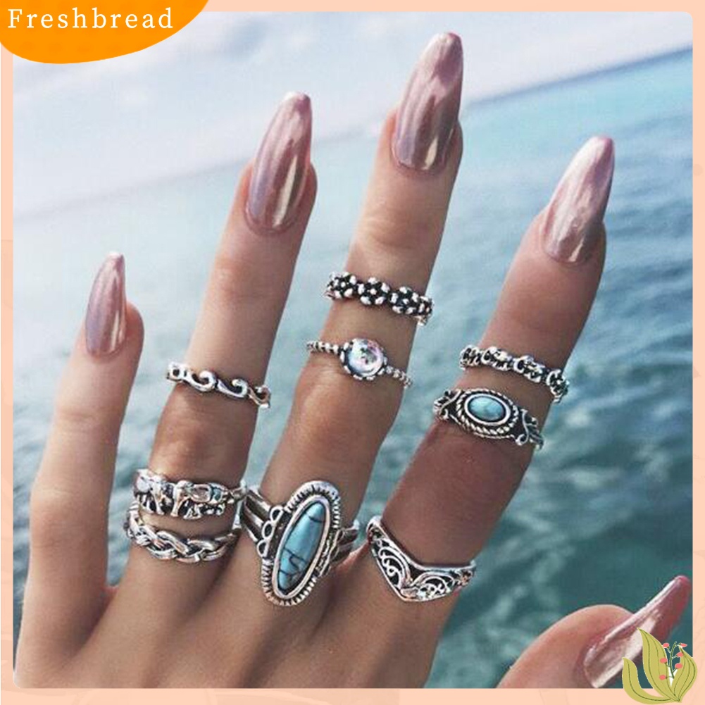 &lt; Freshbread &gt; 9Pcs/Set Boho Stack Gajah Bunga Faux Turquoise Midi Finger Knuckle Rings