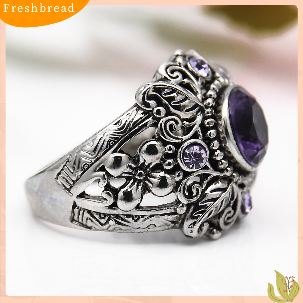 &lt; Freshbread &gt; Vintage Bulat Faux Amethyst Hias Ukir Bunga Wanita Jari Cincin Perhiasan Hadiah