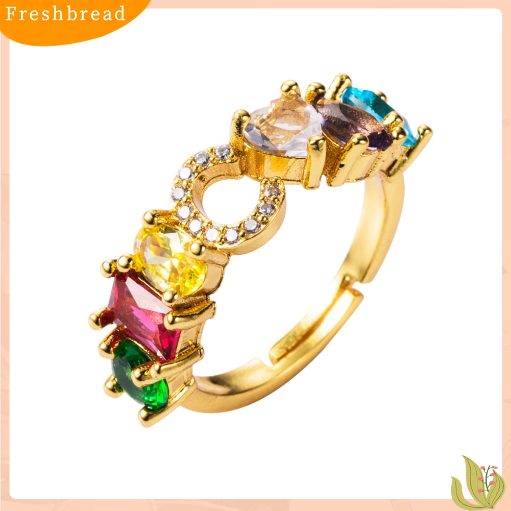 &lt; Freshbread &gt; Unisex Rainbow Cubic Zirconia Bertatahkan Surat Terbuka Cincin Adjustable Perhiasan Hadiah