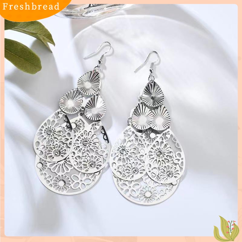 &lt; Freshbread &gt; 1pasang Anting Kait Berlebihan Retro Geometris Elegan Berongga Bunga Tetesan Air Liontin Wanita Menjuntai Anting Perhiasan Fashion