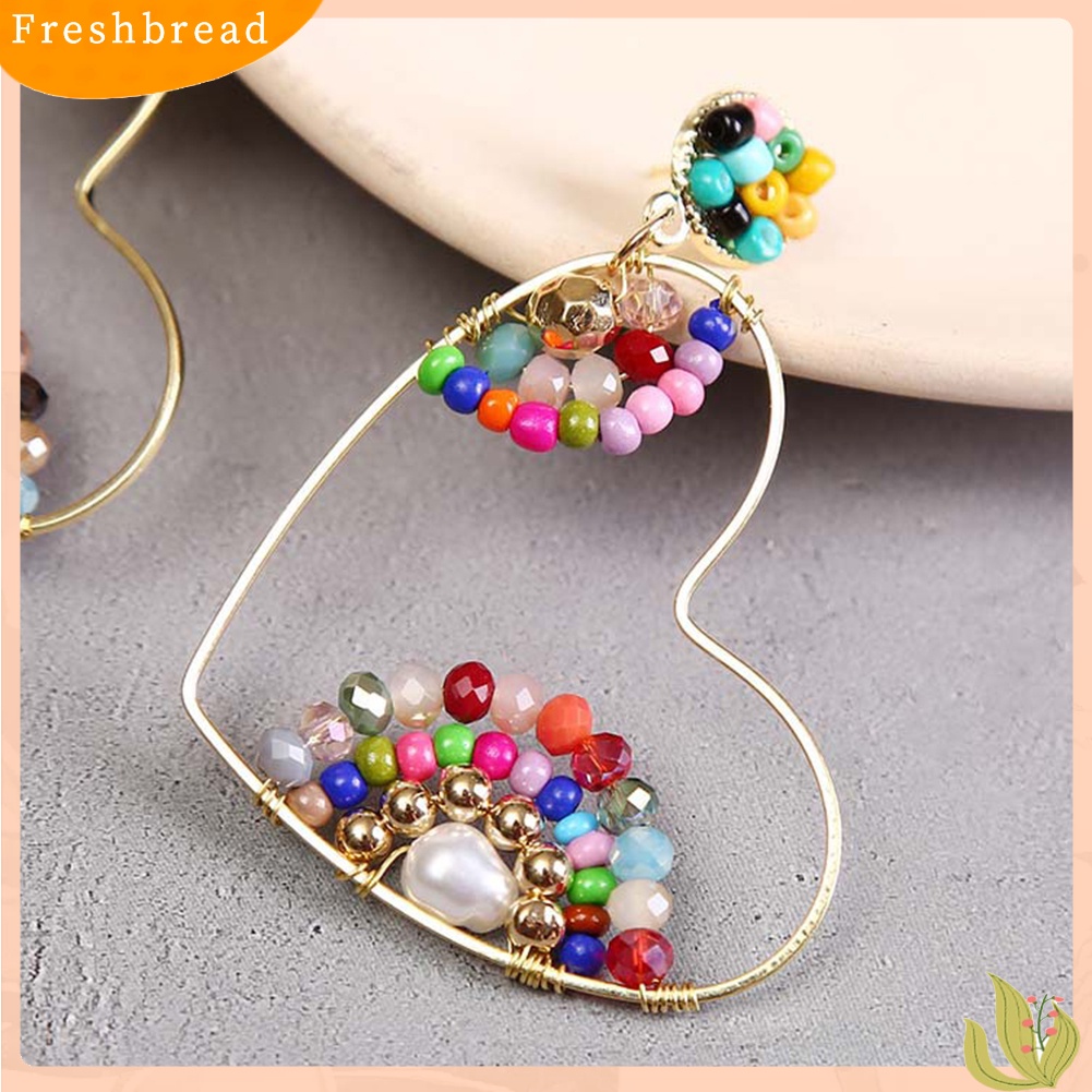 &lt; Freshbread &gt; Boho Wanita Manik-Manik Hati Besar Berongga Menjuntai Telinga Stud Anting Pesta Club Earrings