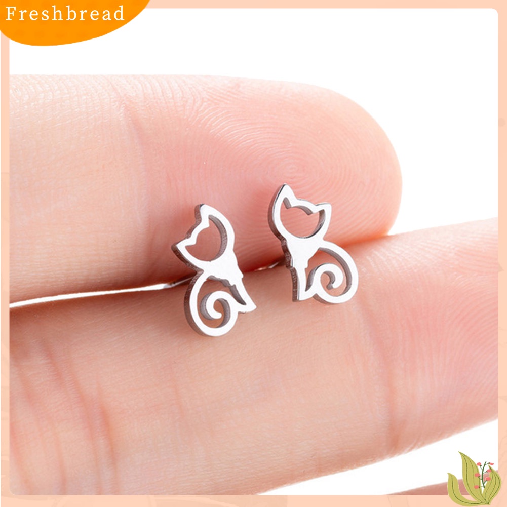 &lt; Freshbread &gt; Anting Tusuk Stainless Steel Kucing Berongga Minimalis Perhiasan Wanita Hewan Lucu