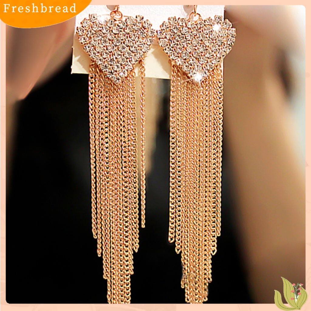 &lt; Freshbread &gt; Anting Linear Love Bentuk Hati Hias Berlian Imitasi Wanita Jumbai Panjang Menjuntai Kait Earrings Perhiasan Untuk Pesta