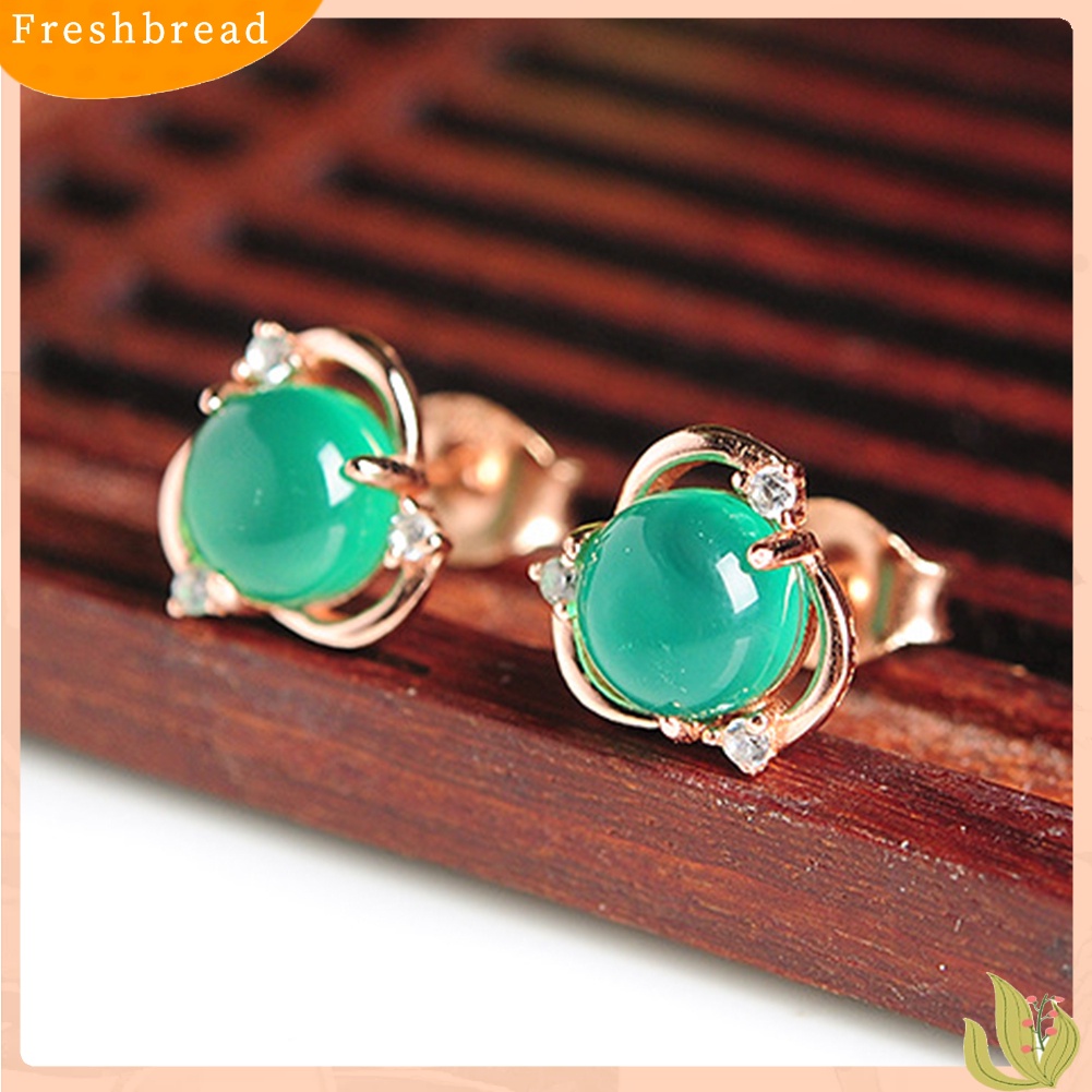 &lt; Freshbread &gt; Wanita Giok Imitasi Hias Bunga Perak Disepuh Telinga Stud Anting Pesta Perhiasan Hadiah