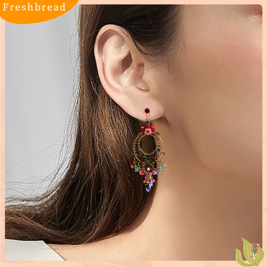 &lt; Freshbread &gt; 1pasang Anting Menjuntai Cantik Rumbai Manik Bunga Bohemian Warna-Warni Berlian Imitasi Drop Earrings Untuk Pacaran