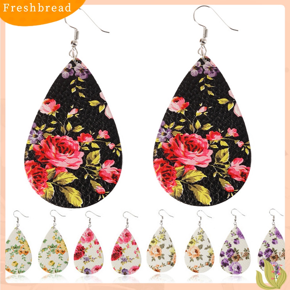 &lt; Freshbread &gt; Boho Wanita Motif Bunga Teardrop Menjuntai Kulit Imitasi Kait Anting Perhiasan