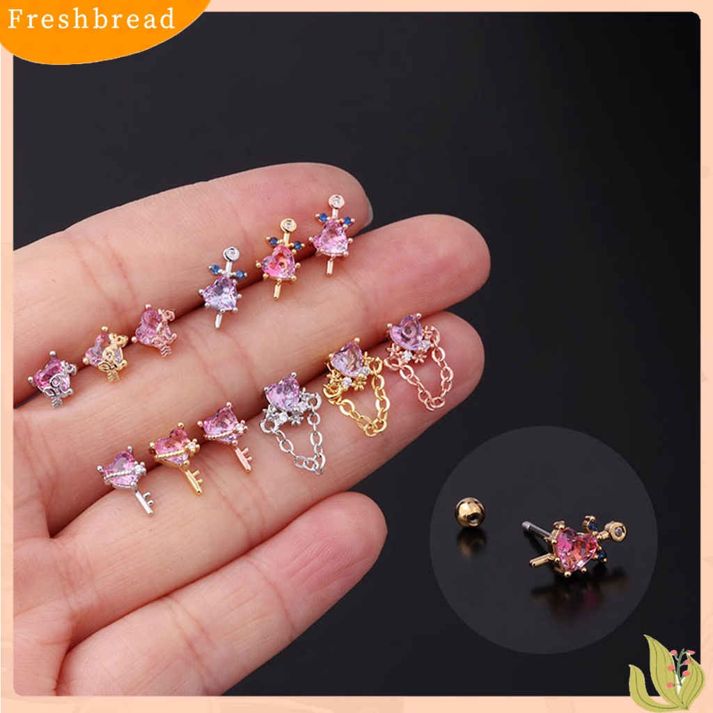 &lt; Freshbread &gt; 1Pc Mini Bersinar Indah Wanita Anting Jantung Berlian Imitasi Rantai Telinga Stud Perhiasan Aksesori