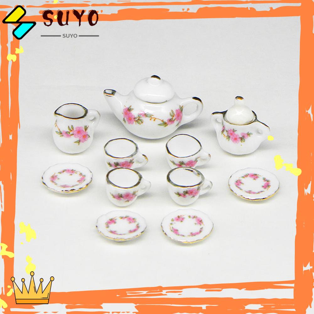 Suyo 11pcs Set Cangkir Teh Porselen Kit Dengan Lis Emas Motif Bunga Dekorasi Rumah1Per6 1per1/12 Miniatur