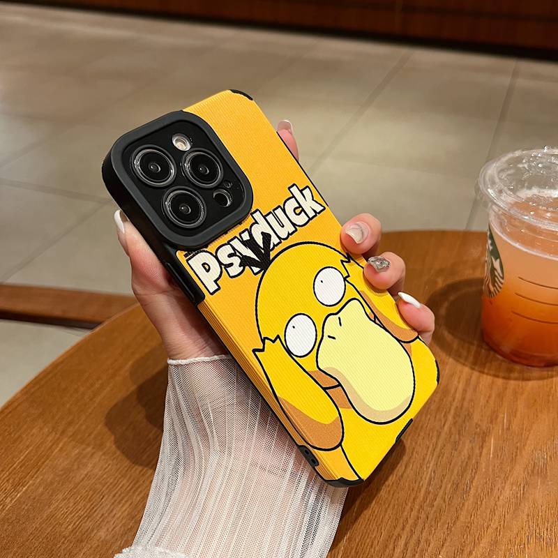 Cool Leather Soft Case iP iPhone 7 8 Plus SE 2020 X XR XS Max 11 12 13 14 Pro Max 14 Plus Phone Case Camera Protect Yellow psyduck Pokemon GO Men's Fashion