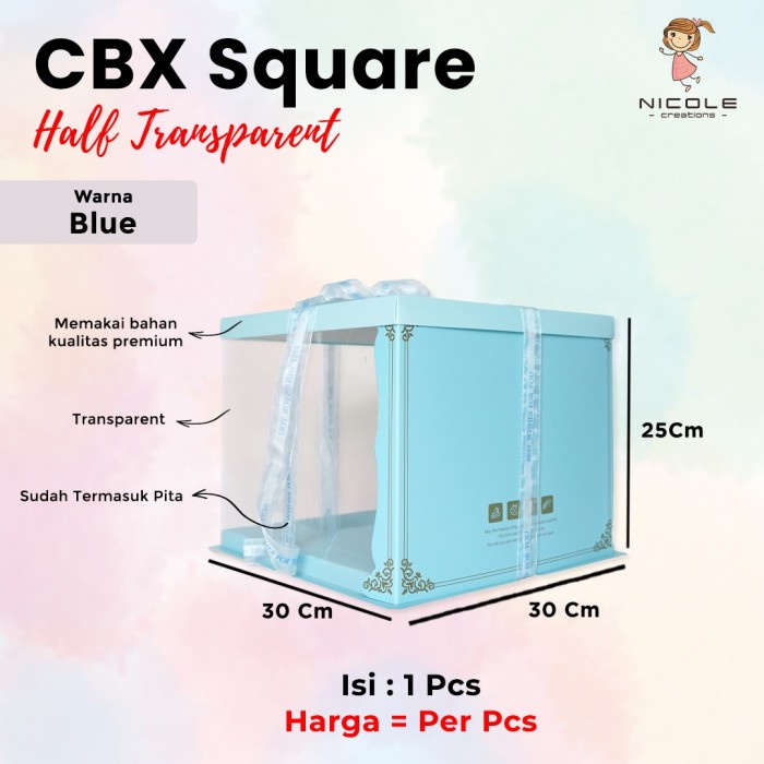 

Cake Box Half Transparant Square Mika/ Packaging Kue 30x30x 25 cm