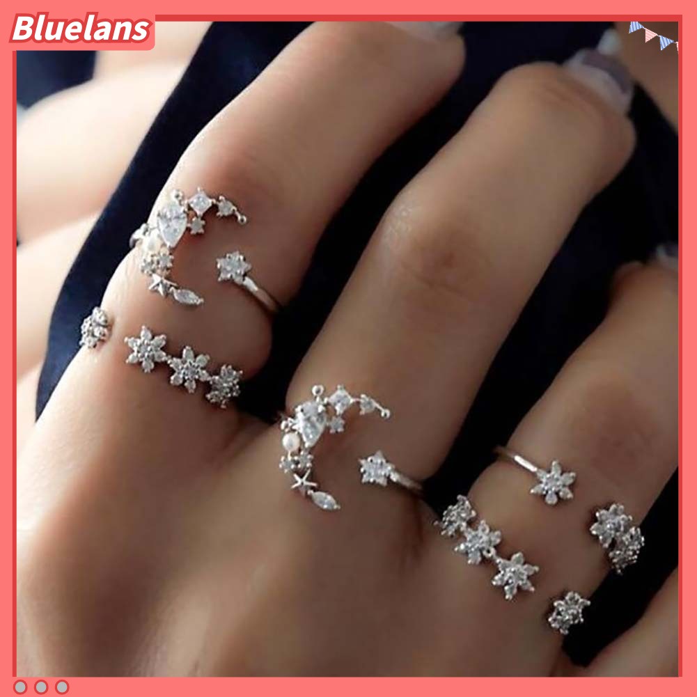 {In Stock} 5Pcs/Set Fashion Wanita Berlian Imitasi Hias Bulan Bintang Bunga Susun Midi Cincin