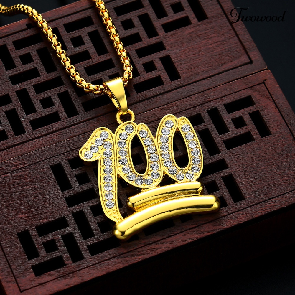 Twowood Pria Hip Hop Twist Rantai Berlian Imitasi Nomor100 Liontin Kalung Street Jewelry