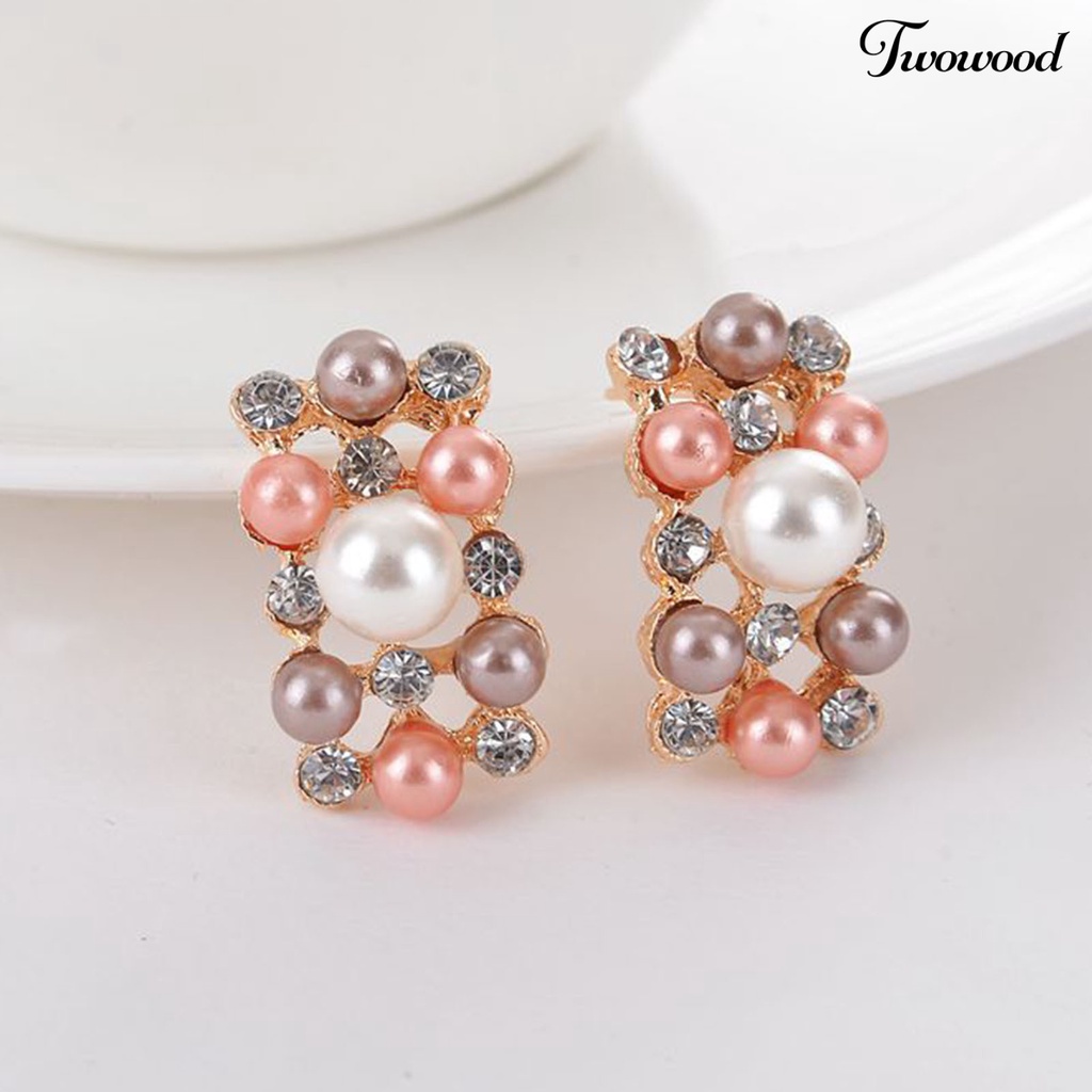 Twowood 2pcs/Set Perhiasan Pernikahan Set Mutiara Imitasi Multi Warna Royal Mewah Permukaan Halus Wanita Kalung Anting Set Perempuan Aksesori